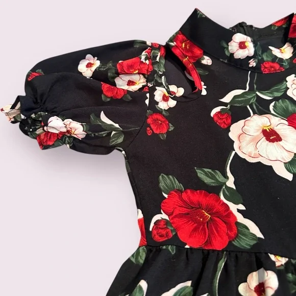 Girls Red And Black Dream Floral Dress with Ruffle Accents And Cut Out Sz 4 - Picture 6 of 11